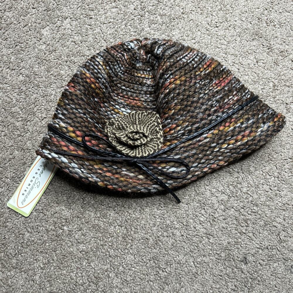 NWT Jeanne Simmons Accessories Brown Wool Knit Hat Flower Detail